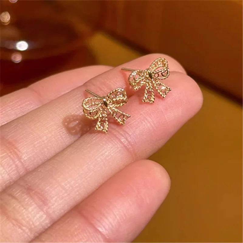 Genuine 925 Sterling Silver Plated 14K Gold Lace Bow Cute Earrings For Women Romantic Earrings Fine Hypoallergenic Jewelry - Touchy Style