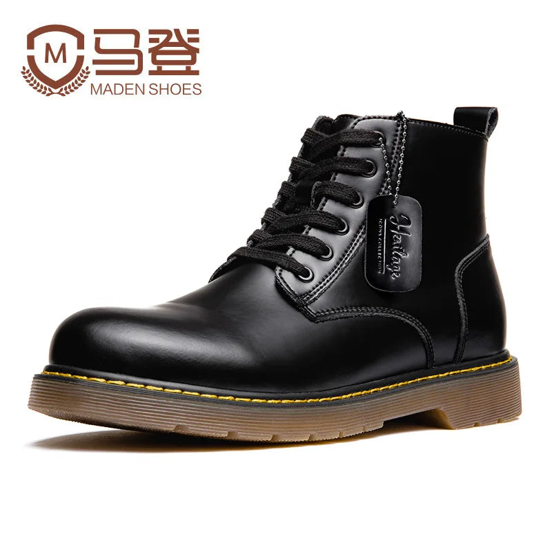 Maden Winter Couple Leather Boots Black High Top Snow Shoes Work Security Motorcycle Ankle Boots Unisex Hiking Safety Shoes