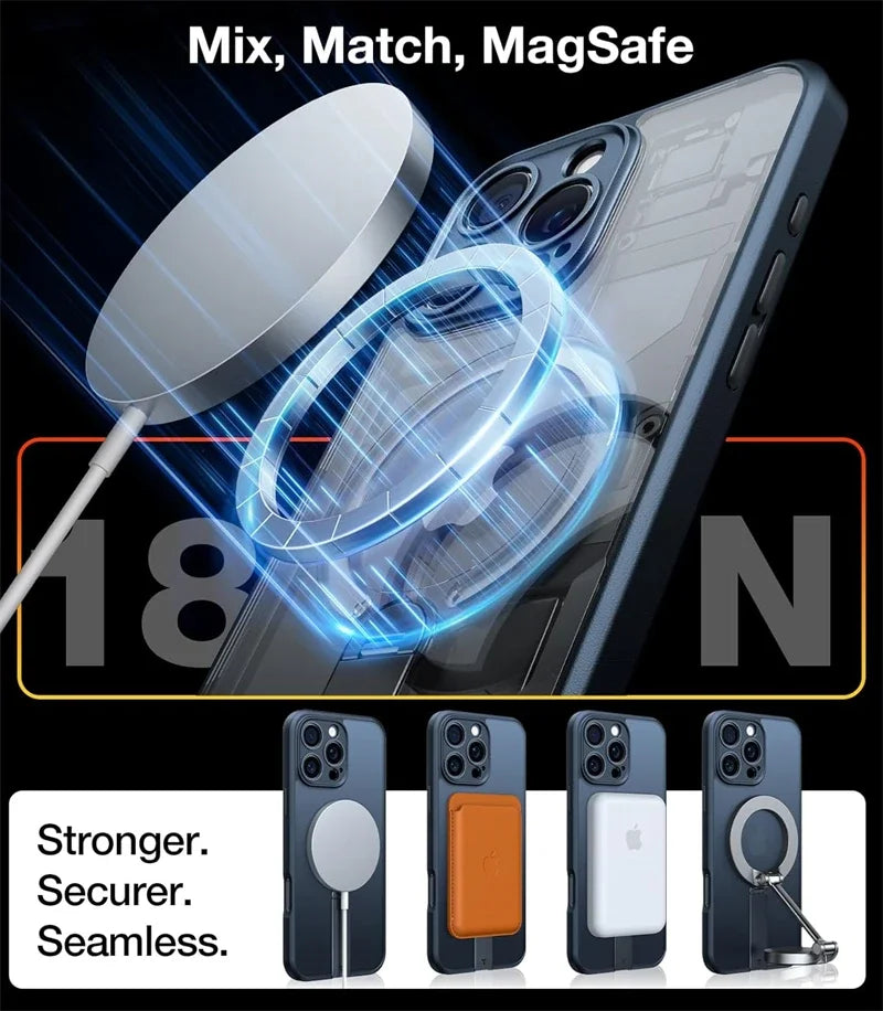 360 Hidden Metal Stand Magnetic Case for Magsafe IPhone 16 15 14 13 12 Pro Max Plus IPones i16 i15 ProMax Mag Safe Phone Cover