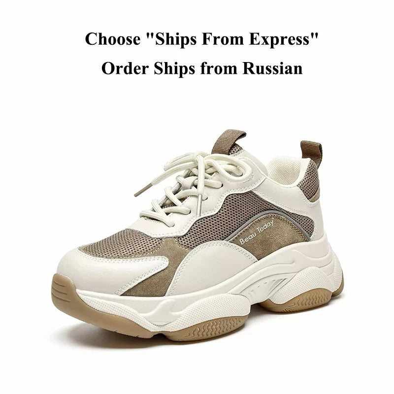 BeauToday Chunky Sneakers Women Mesh Leather Platform Shoes Mixed Colors Lace-Up Lady Trendy Trainers Thick Sole Handmade 29401
