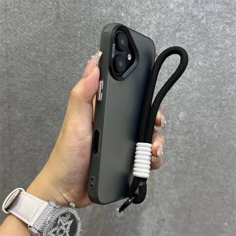 16e Silver IMD Metallic Aurora Matte Case For Phone 16 15 14 Pro Max 13 12 mini 11 16E Wristband Lanyard Slim Shockproof Cover - Touchy Style