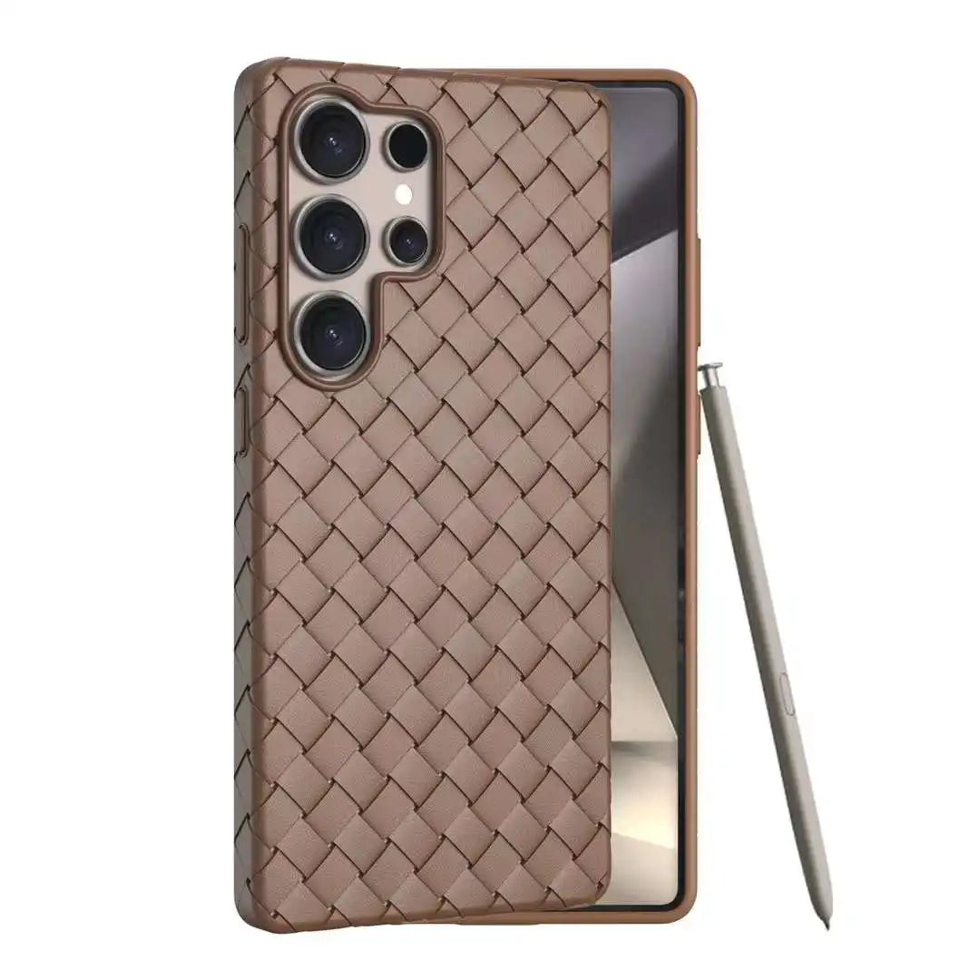 Luxury Leather Breathable Phone Case For Samsung Galaxy S25 Ultra Plus Weave Pattern Mesh Grid Heat Dissipation Cooling Cover