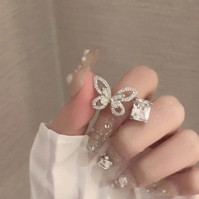 PANJBJ 925 Sterling Silver Butterfly Rings For Women Hollow Out Zircon Geometry Asymmetric Jewelry Gift Dropshipping - Touchy Style