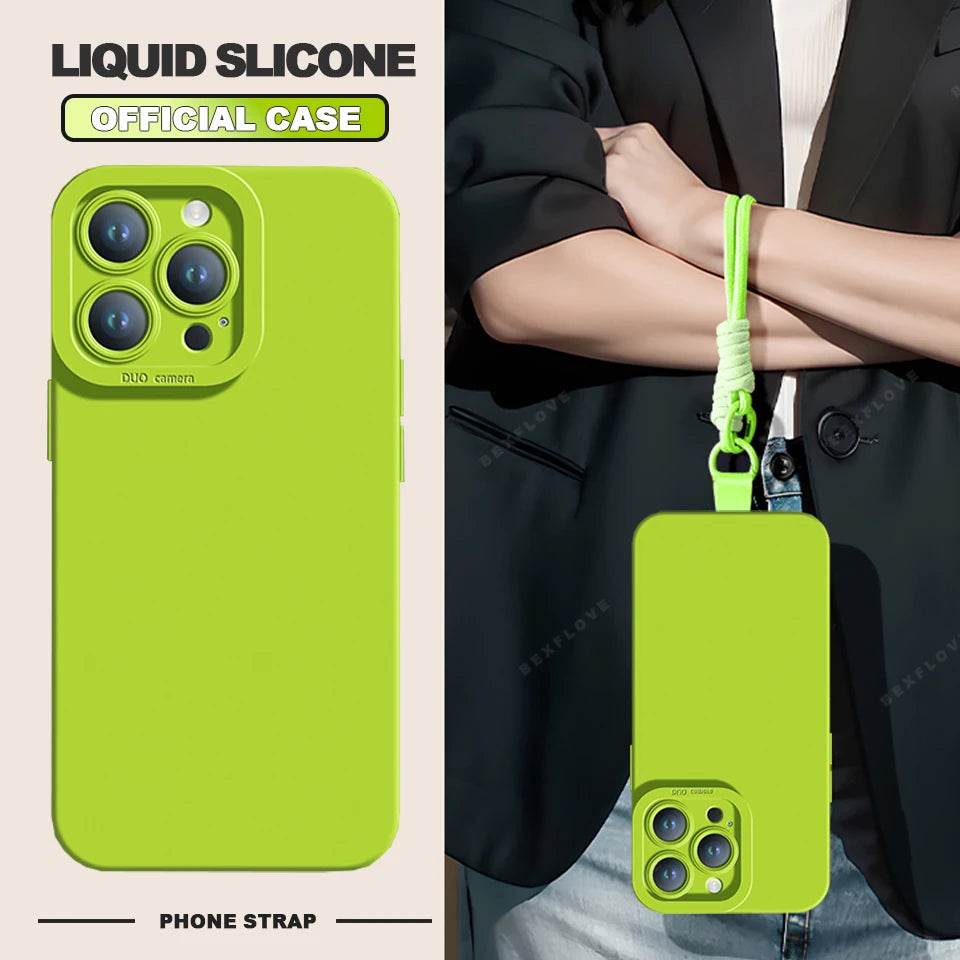 Phone Case For iPhone 16E 16 14 15 Plus 12 13 Mini 11 16 Pro X XR XS Max SE Liquid Silicone Charm Strap Lanyard Protector Cover - Touchy Style