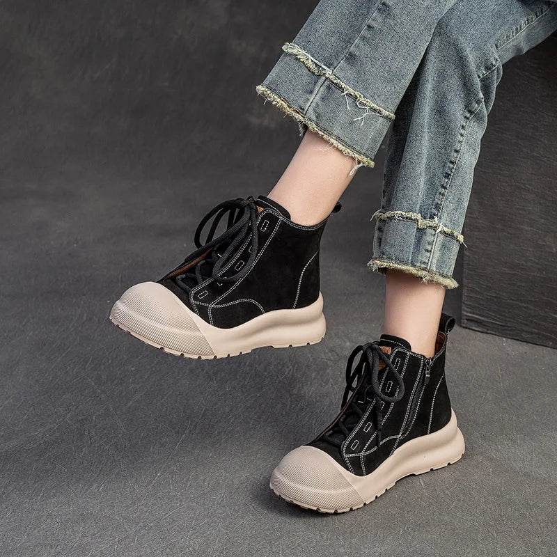 Autumn Retro Genuine Leather Short Boots Lace-Up High Top Comfortable Sneakers Thick Sole Platform Women&