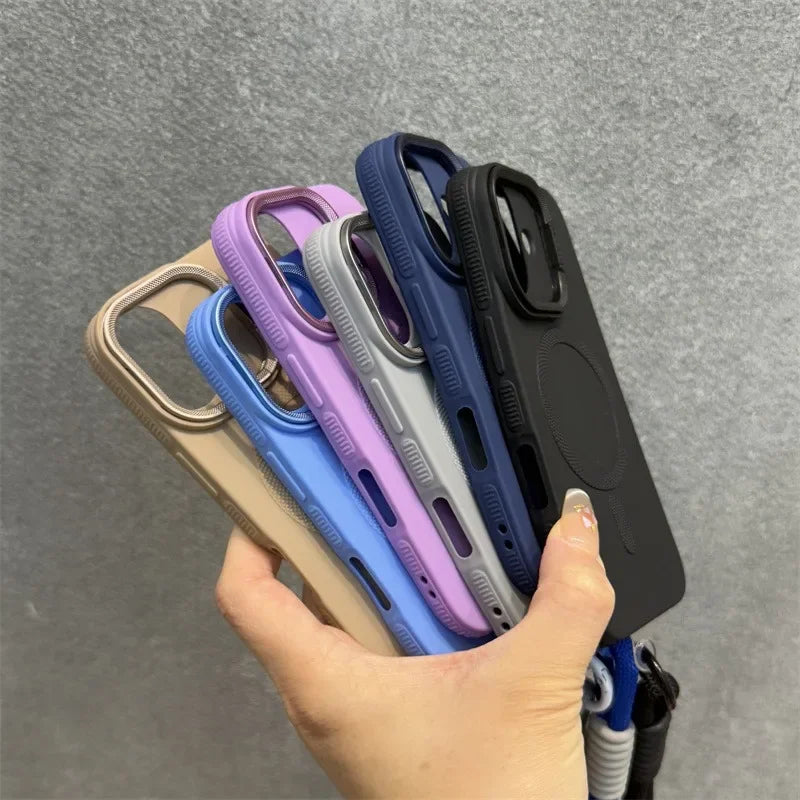 Luxury Camera Lens Stand Holder For Magsafe Case for iPhone 16 15 14 Plus 13 12 Pro Max 11 Matte Soft Lanyard Strap Band Cover