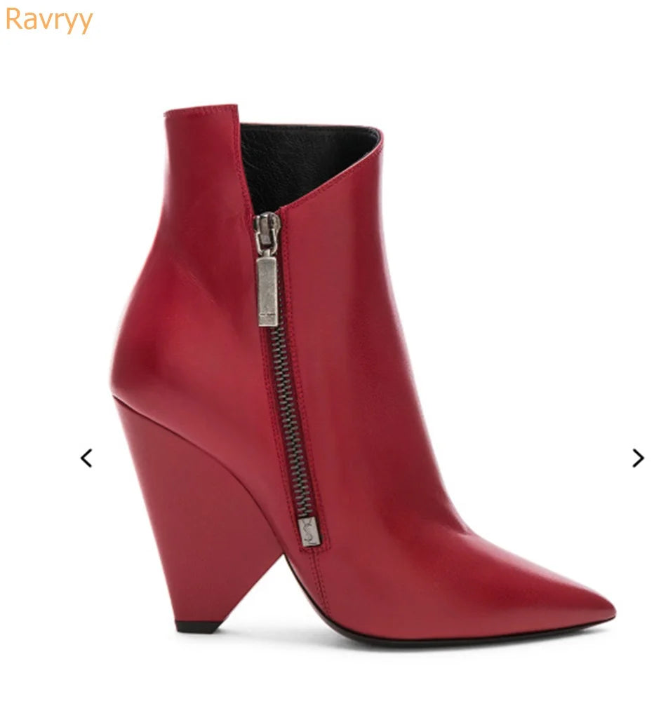 Red High Heel Wedges Women Boots Side Zipper Pointed Toe Sexy Fashion Ankle Boots Real Leather Spring Autumn Comfort Short Shoes