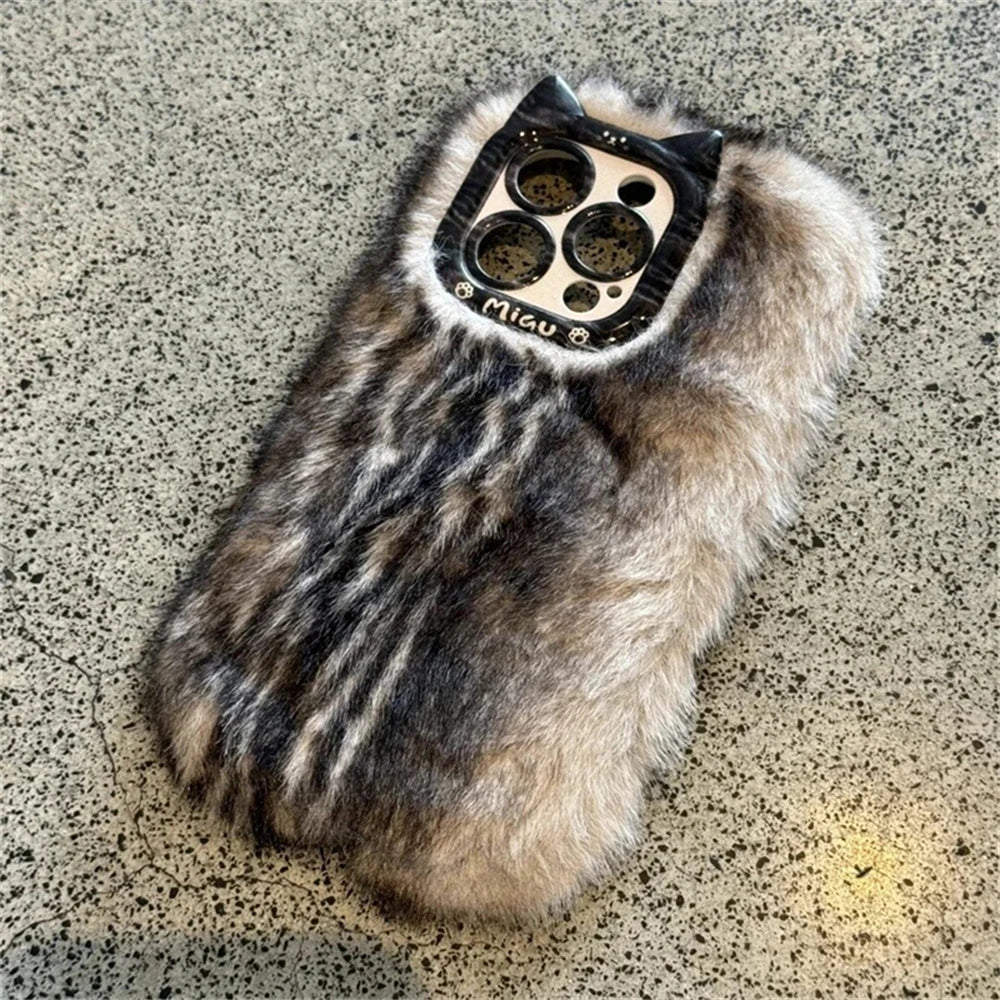 Cute Cat Fluffy Gradient Plush Phone Case For iphone 16 15 13 12 Pro Max 14 Plus 11 Girl Winter Warm Cover Cartoon Soft Shell