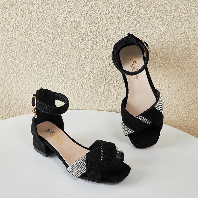 Children Sandals for Girls Rhinestones Toes Wrapped Chic Low Heels 2023 Sweet Princess Mary Janes for Party Wedding Shows Simple - Touchy Style