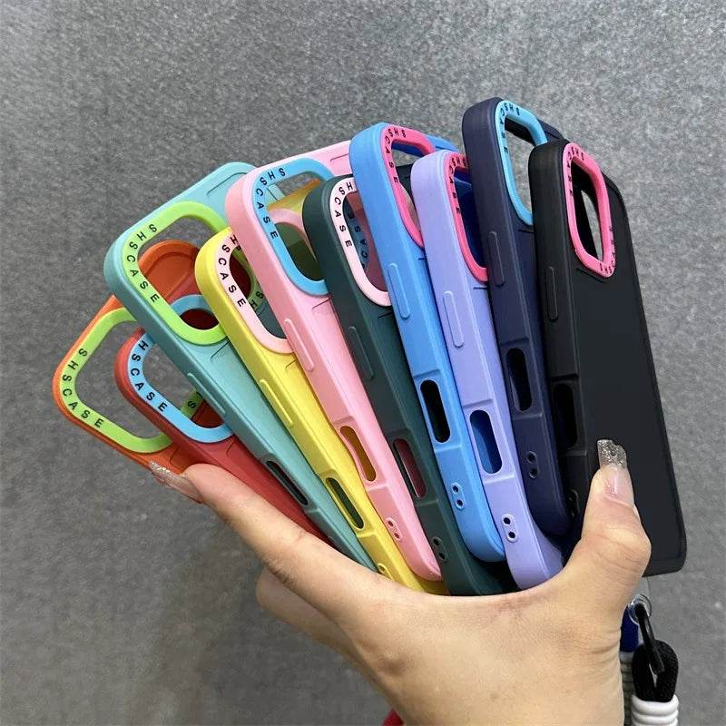 Collision Color Lens Protector Soft Case For iPhone 16 15 ProMax 14 Plus 13 12 11 Xs Max Xr X Luxury Wrist Strap Lanyard Cover