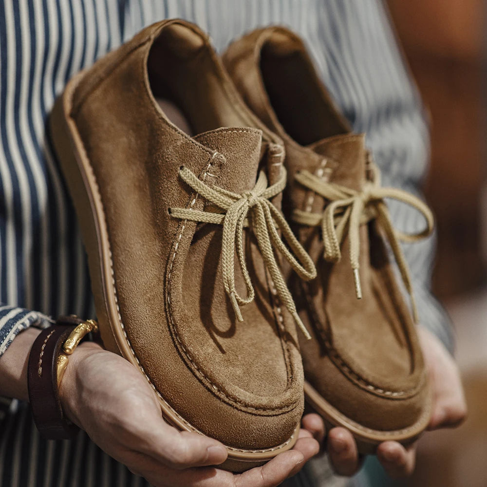 Maden Vintage Khaki Shoes Casual Loafers Soft Sole Shoes with Laces Versatile Genuine Leather Shoes for Men&