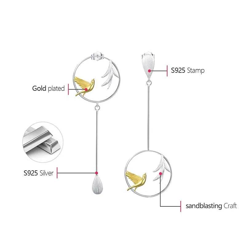 Lotus Fun Real 925 Sterling Silver Swallow and Willow in Spring Wind Long Asymmetrical Dangle Earrings for Women Fine Jewelry - Touchy Style