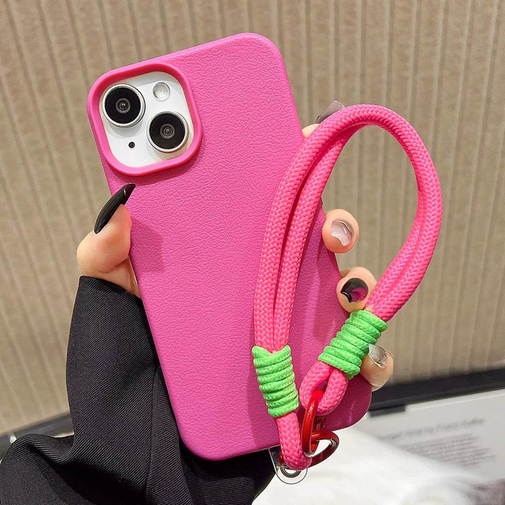 Lanyard Strap Rope Silicone Phone Case For iPhone 13 11 15 12 14 16 Pro Max Plus Soft Candy Color Lichee Pattern Leather Cover