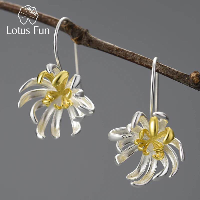 Lotus Fun Original 18K Gold Elegant Chrysanthemum Flower Dangle Earrings for Women Real 925 Sterling Silver Party Fine Jewelry - Touchy Style