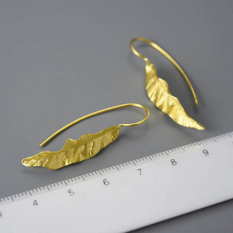 Lotus Fun 18K Gold Unusual New Long Green Ash Leaves Dangle Earrings for Women 925 Sterling Silver Luxury Quality Fine Jewelry - Touchy Style