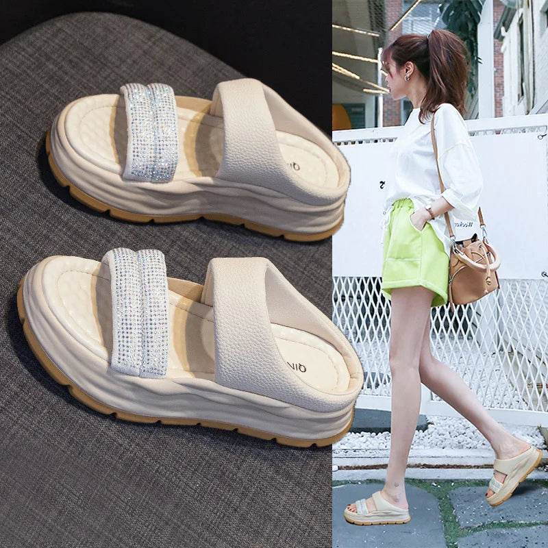 Crystal Genuine Leather Slippers Women Thick Sole Summer Height Increasing Casual Shoes Wedges Platform Slides