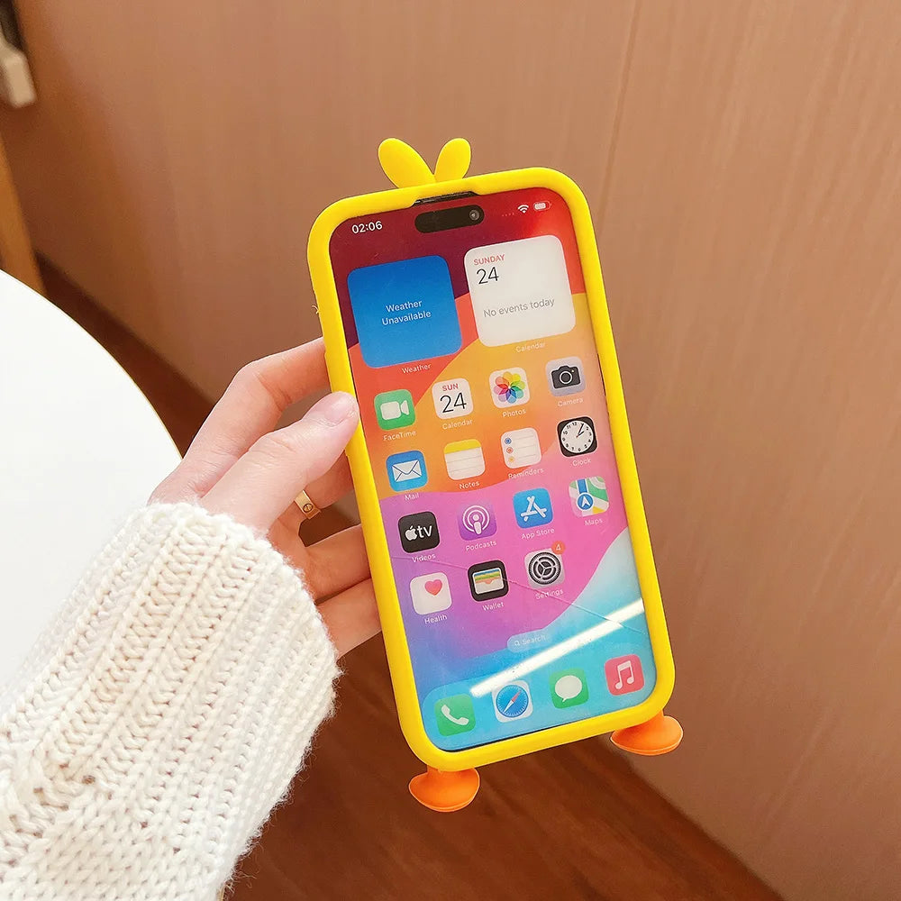 حافظات هواتف لطيفة لأجهزة iPhone 16، 15، 14، 13، 12Mini، 11 Pro Max، 11 Plus، X، XR، XS - سيليكون ناعم ثلاثي الأبعاد بتصميم بطة صفراء صغيرة - IC8021