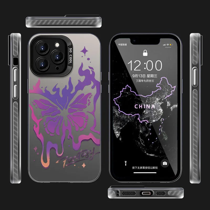 Purple Butterfly Phone Holder Case for iPhone 15 16 14 13 12 11 Pro Max X Xs Max XR 7 8 Plus Mini Luxury Aurora Stand Cover