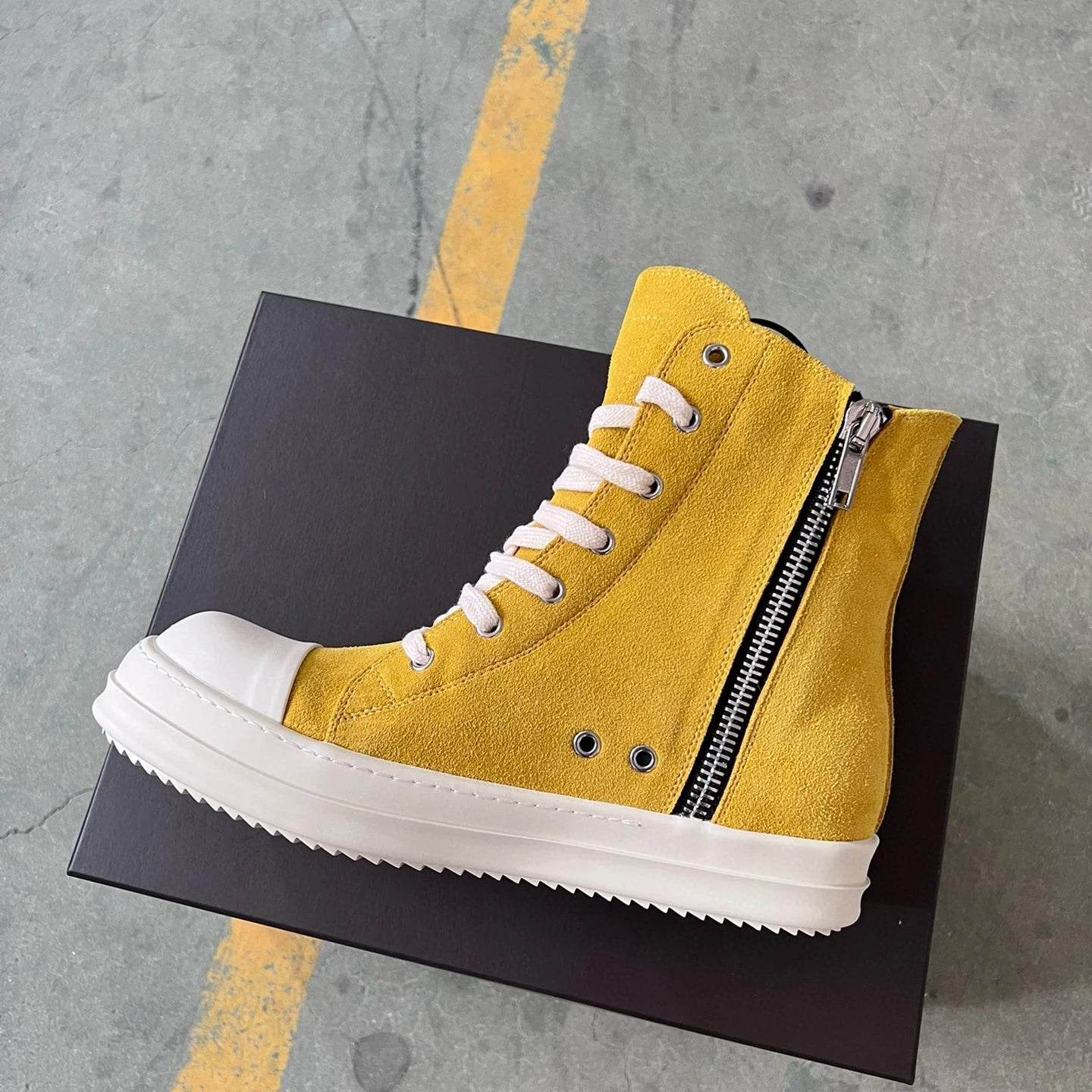 Brand Men Shoe Casual High Top Women Sneaker Yellow Ankle Boot Fashion Zip Thick-sole Ricks Summer Owens Cowhide Flat Shoe - Touchy Style