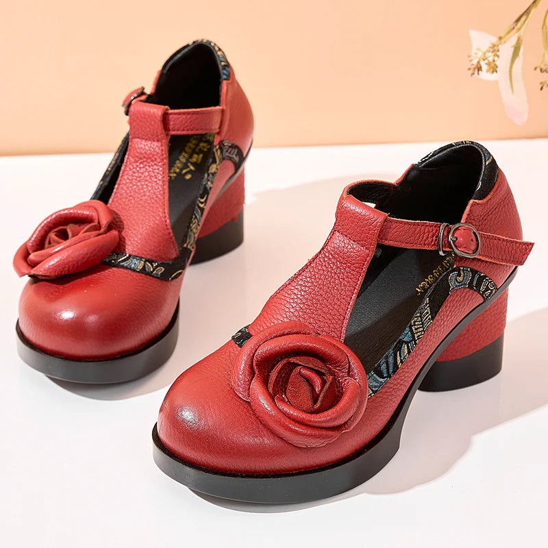 Spring Women Pumps Retro Lady 7CM High Heels Buckle Strap Flower Pumps Handmade Women Genuine Leather Shoes