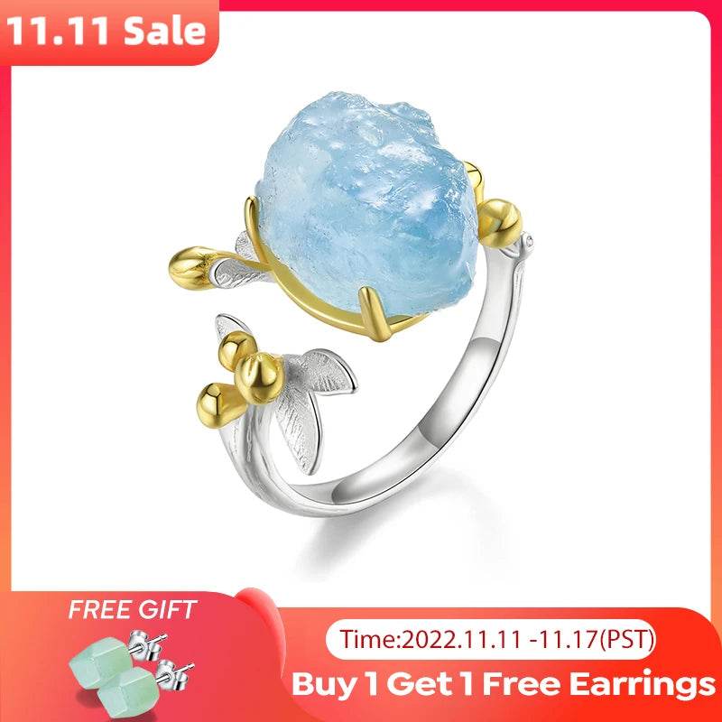 Lotus Fun 18K Gold Natural Aquamarine Gemstone Flower Adjustable Rings for Women Real 925 Sterling Silver Fine Luxury Jewelry - Touchy Style