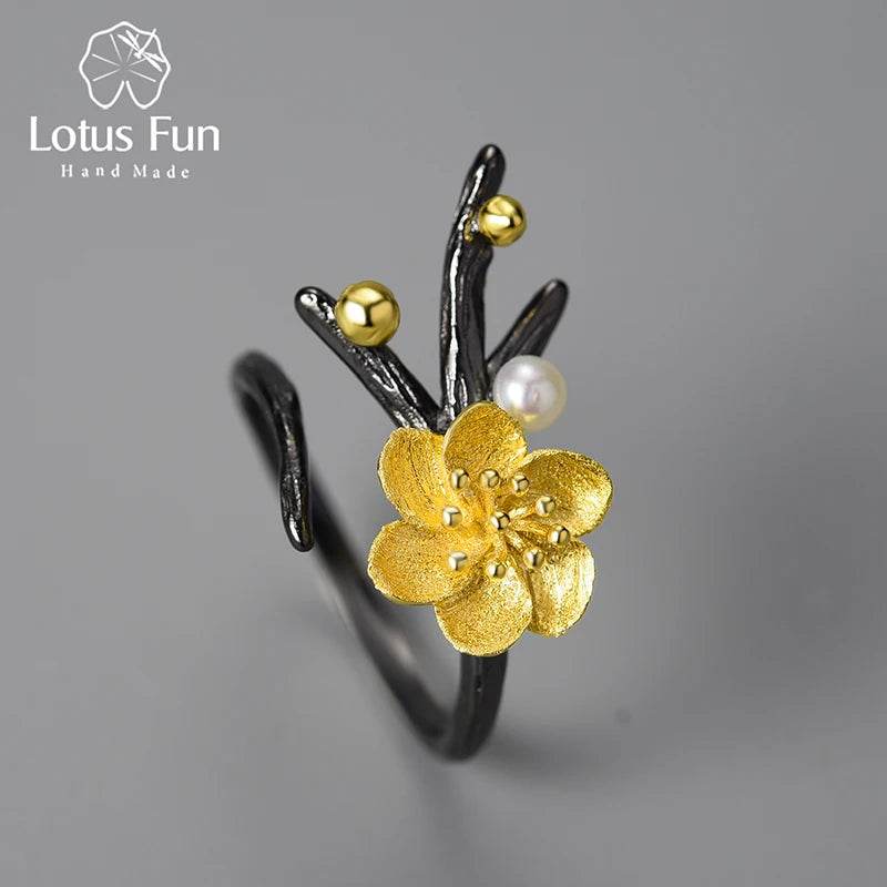 Lotus Fun Natural Pearl Adjustable Vintage Winter Blossom and Snow Flower Rings for Women Gift 925 Sterling Silver Fine Jewelry - Touchy Style
