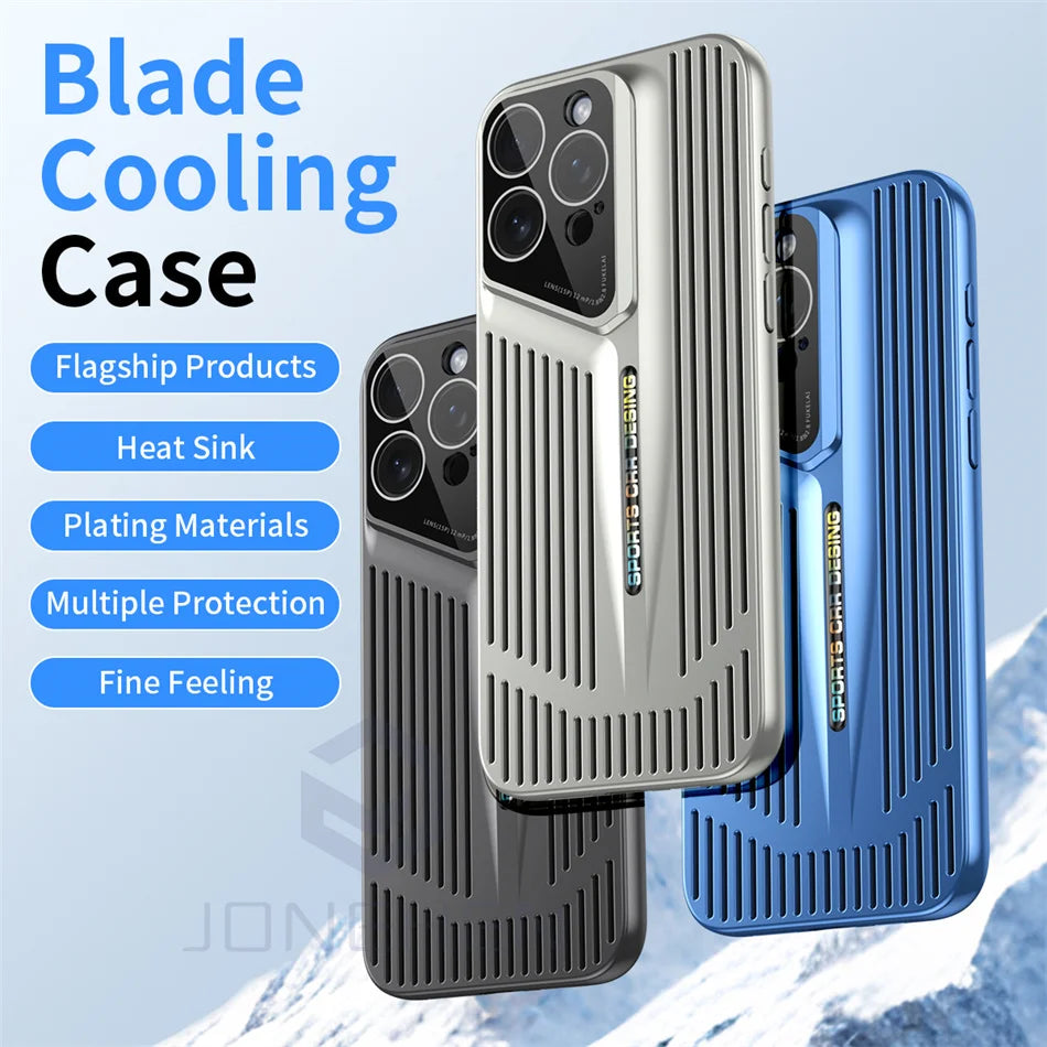 Luxury Heat Dissipation Blade Ultra thin Case For iPhone 15 14 13 12 16 Pro Max Skin Protection Fashion Shockproof Lens PC Cover