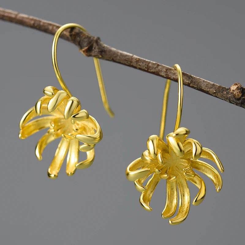 Lotus Fun Original 18K Gold Elegant Chrysanthemum Flower Dangle Earrings for Women Real 925 Sterling Silver Party Fine Jewelry - Touchy Style