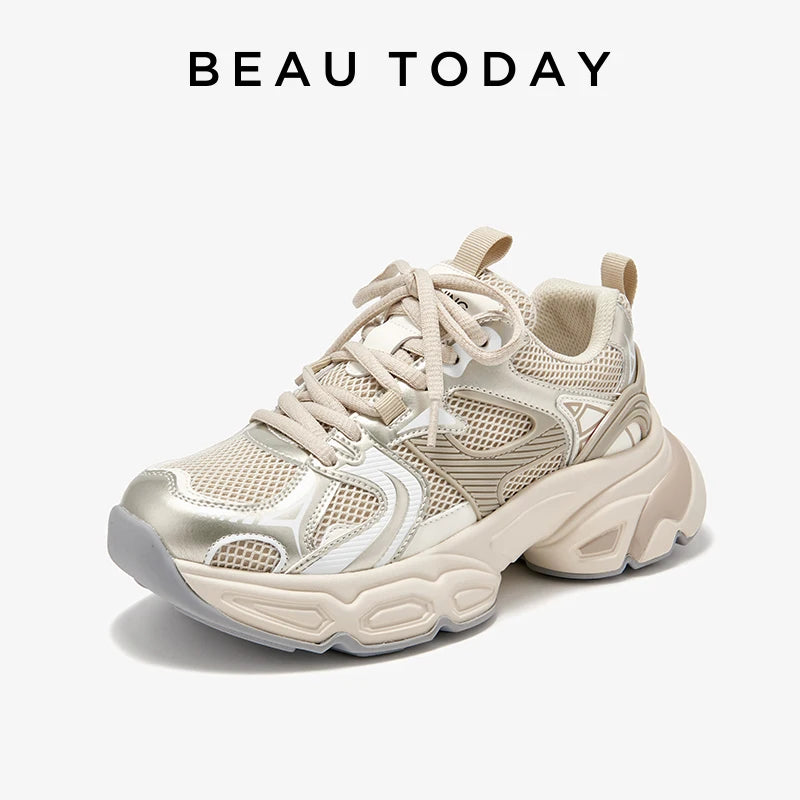 BEAUTODAY Sliver Chunky Sneakers Women Split Leather Mesh Patchwork Lace-up Closure Spring Female Leisure Shoes Handmade A29465