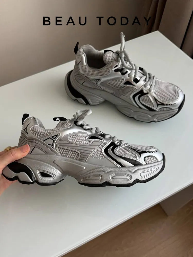 BEAUTODAY Sliver Chunky Sneakers Women Split Leather Mesh Patchwork Lace-up Closure Spring Female Leisure Shoes Handmade A29465