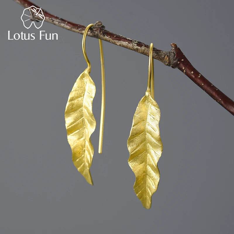 Lotus Fun 18K Gold Unusual New Long Green Ash Leaves Dangle Earrings for Women 925 Sterling Silver Luxury Quality Fine Jewelry - Touchy Style