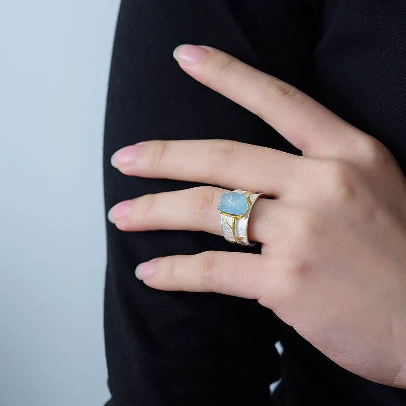 Lotus Fun Long Leaves Natural Aquamarine Gemstone Adjustable Rings for Women 925 Sterling Silver Original Luxury Fine Jewelry - Touchy Style