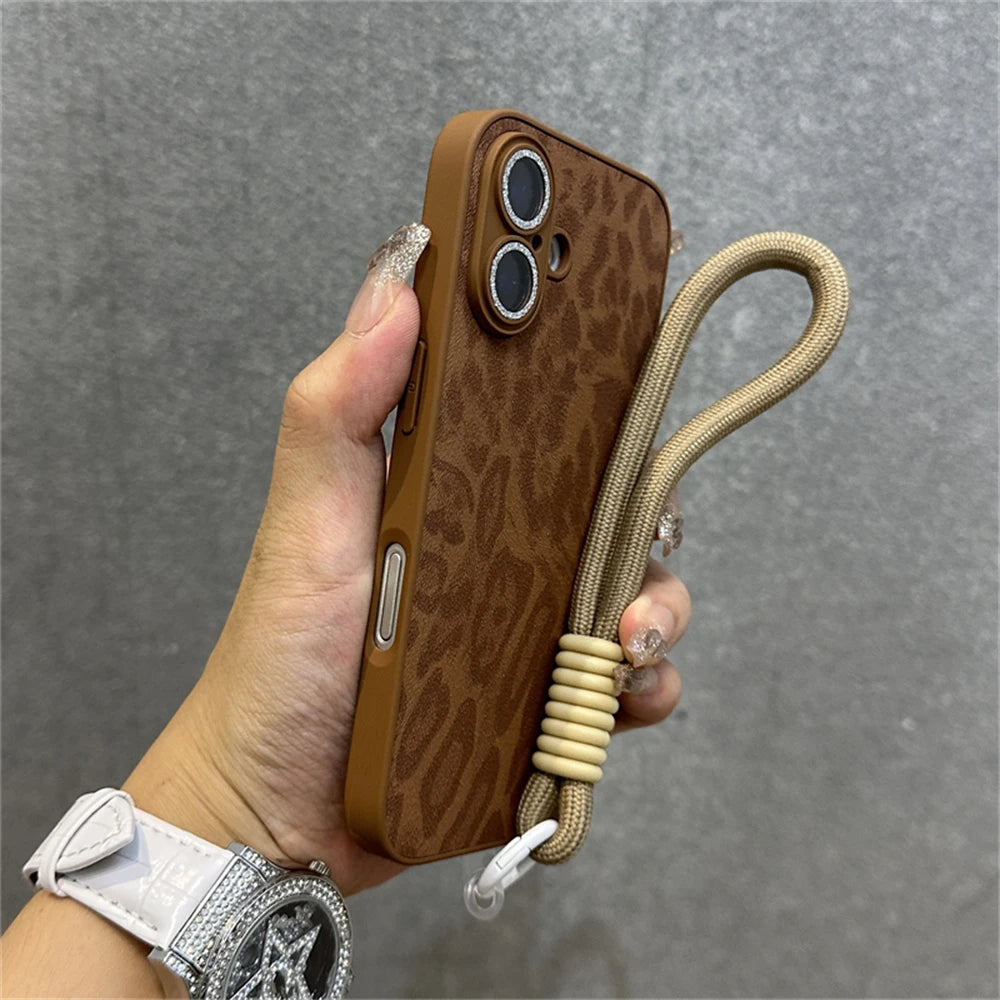 Fashion Leopard Print Pattern Bracelet Wrist Strap Cute Phone Case For iPhone 15 14 13 12 11 16 Pro Max Plus Shockproof Bumper Cover