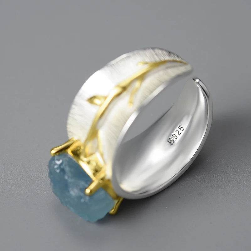 Lotus Fun Long Leaves Natural Aquamarine Gemstone Adjustable Rings for Women 925 Sterling Silver Original Luxury Fine Jewelry - Touchy Style