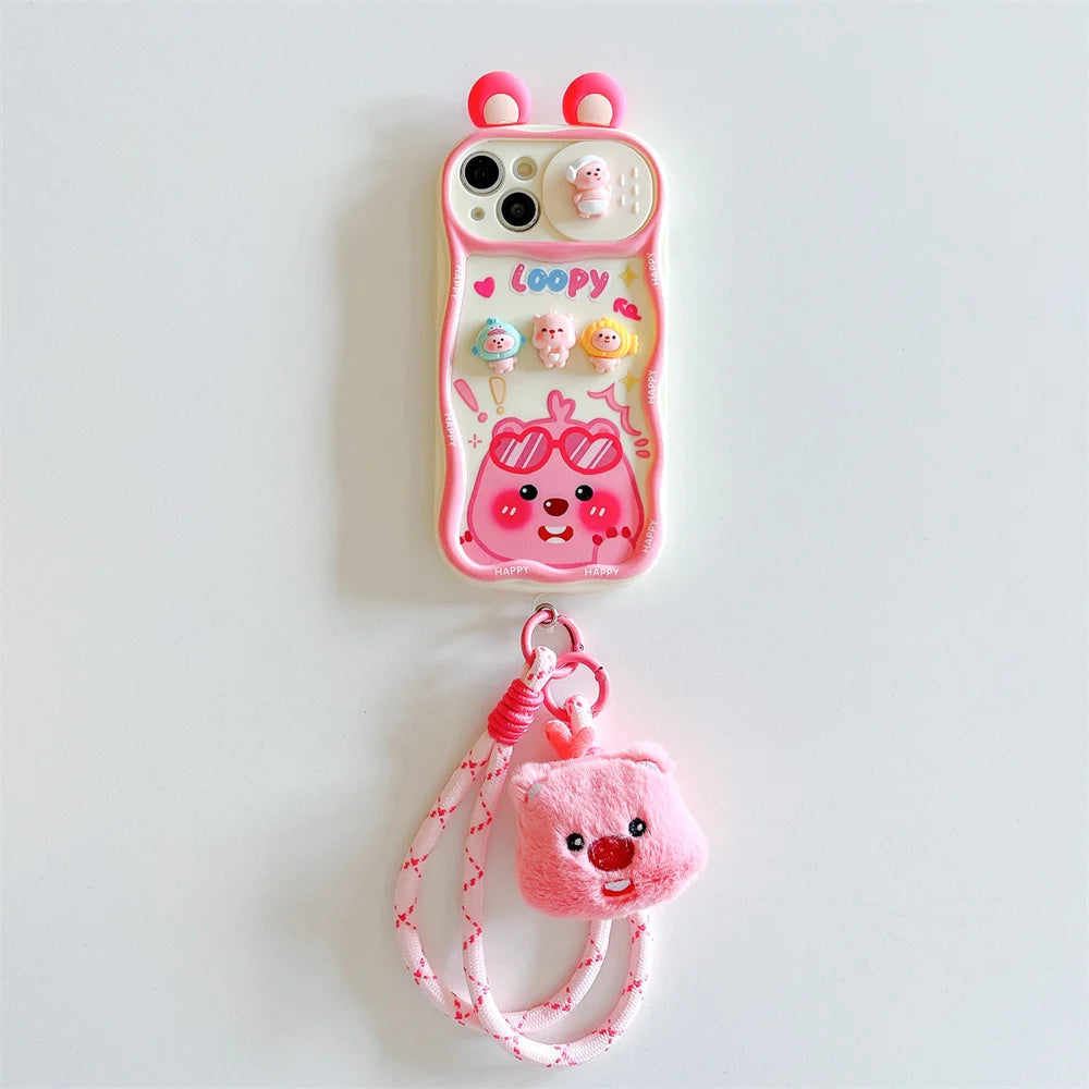 Cute 3D Cartoon Loopy Push-Pull Camera Phone Case for IPhone 16 15 Pro Max 14 Plus 13 12 Pro Max 11 with Strap Soft Back Cover