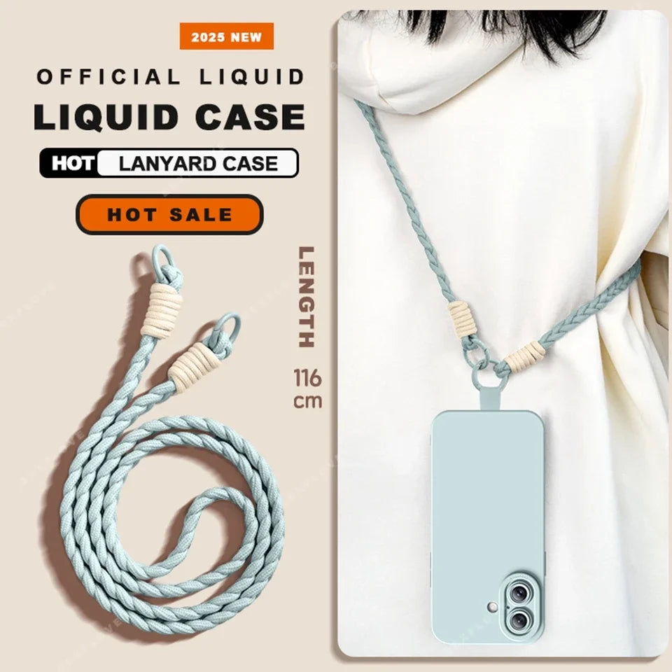 Lanyard Liquid Silicone Phone Case For iPhone 16 14 15 Plus 12 13 Mini 11 16 Pro X XR XS Max 16E SE Strap Protector Soft Cover