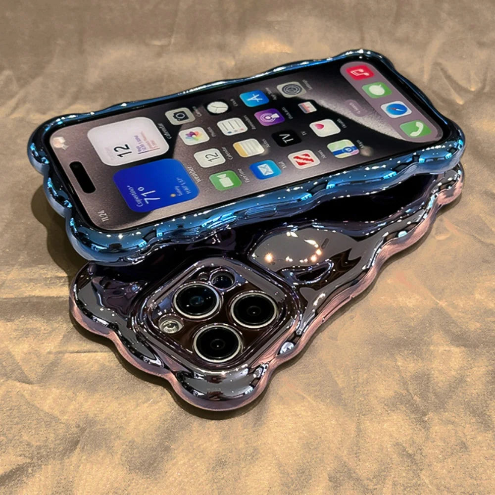 Luxury Curved Waves 3D Bubble Plating Glossy Phone Case For iPhone 16 15 Plus 14 13 12 Pro Max 11 Shockproof Soft Bright Cover