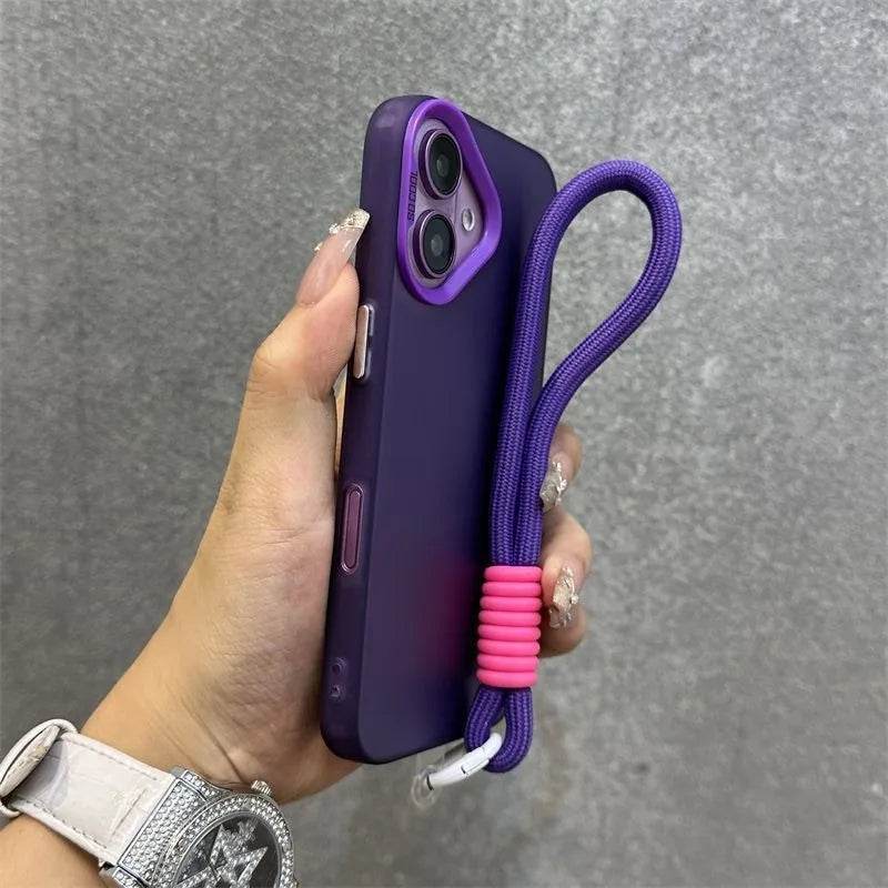 16e Silver IMD Metallic Aurora Matte Case For Phone 16 15 14 Pro Max 13 12 mini 11 16E Wristband Lanyard Slim Shockproof Cover - Touchy Style
