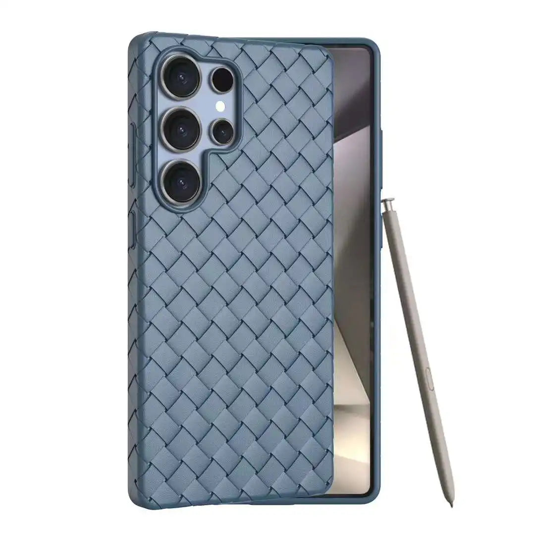 Luxury Leather Breathable Phone Case For Samsung Galaxy S25 Ultra Plus Weave Pattern Mesh Grid Heat Dissipation Cooling Cover