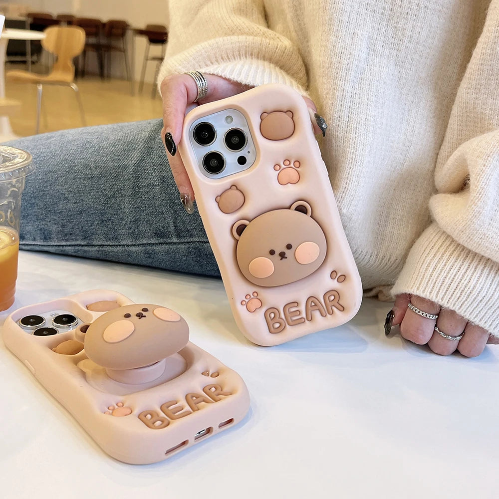3D Bear Hidden Holder Cute Phone Case for iPhone 11, 12, 13, 14, 15 Pro Max, XS, XR, X, 7, 8 Plus