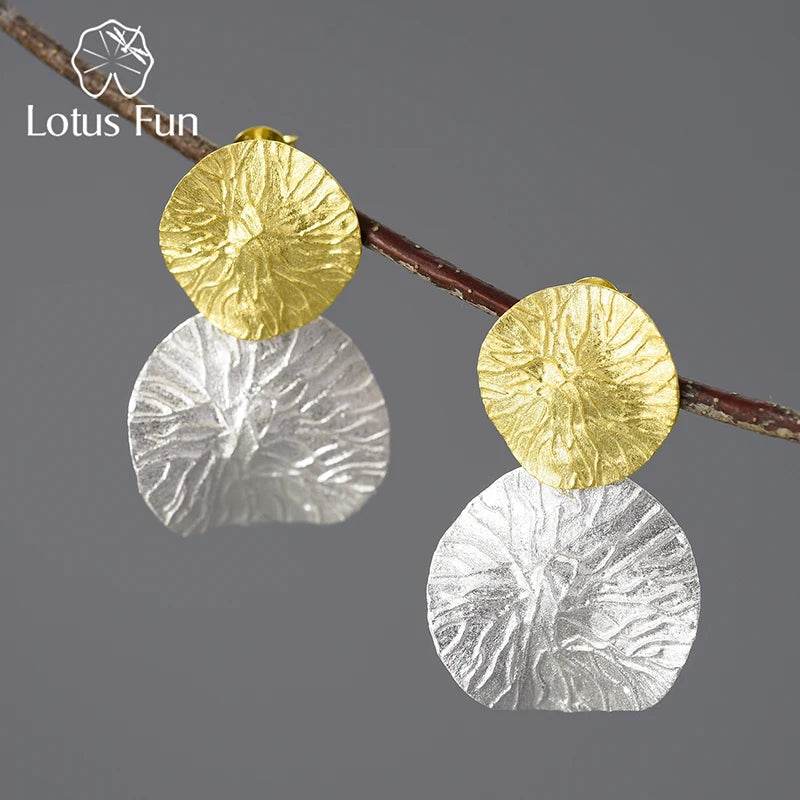 Lotus Fun Minimalism Round Vintage Double Lotus Leaves Dangle Earrings for Women Real 925 Sterling Silver Statement Fine Jewelry - Touchy Style