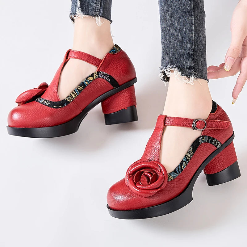 Spring Women Pumps Retro Lady 7CM High Heels Buckle Strap Flower Pumps Handmade Women Genuine Leather Shoes