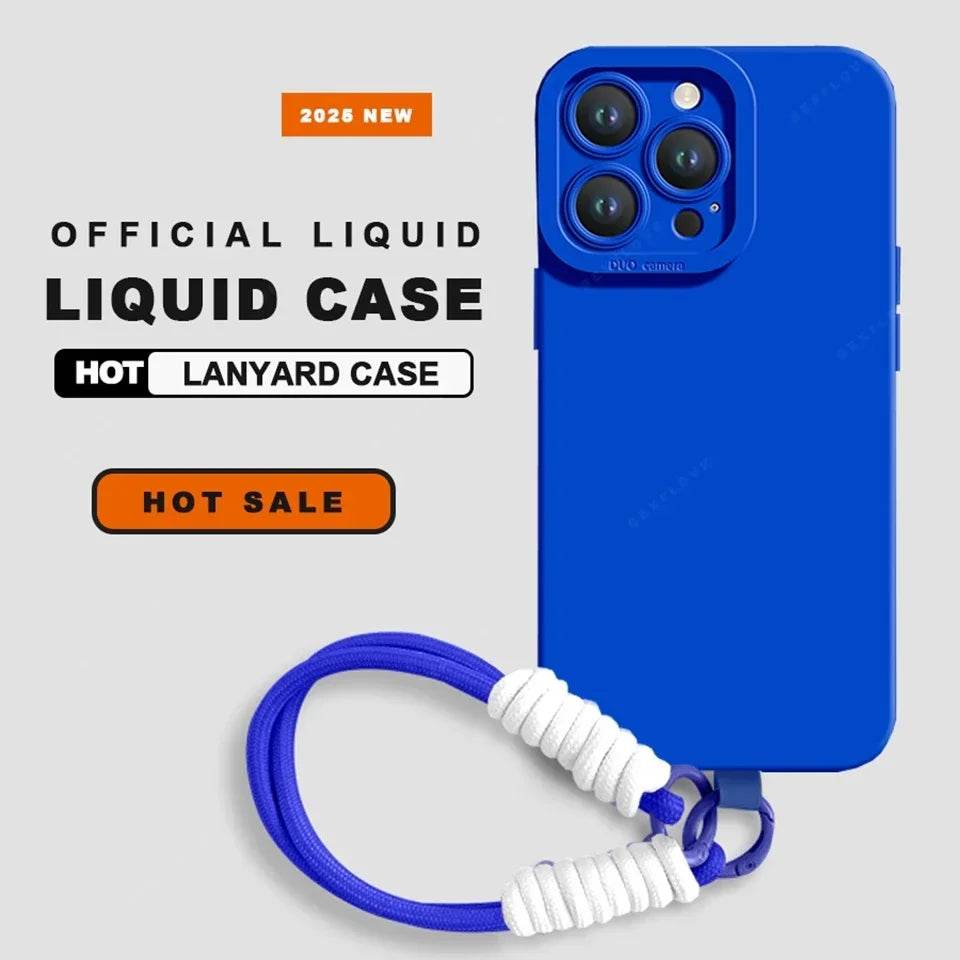 Phone Case For iPhone 16E 16 14 15 Plus 12 13 Mini 11 16 Pro X XR XS Max SE Liquid Silicone Charm Strap Lanyard Protector Cover - Touchy Style