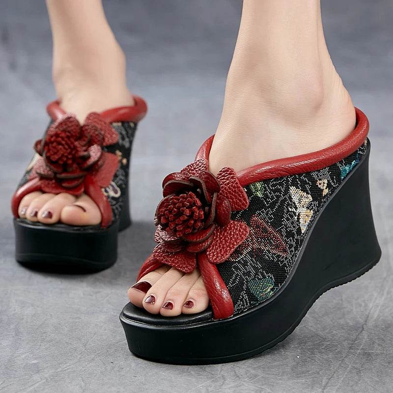 Ethnic Style Women Slippers Summer Embroider Flowers Wedges Open Toe Slippers Outside Genuine Leather Platform Slides - Touchy Style