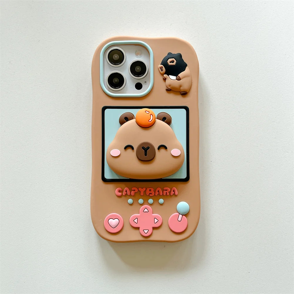 Lovely 3D Capybara Hidden Holder Stand Silicone Phone Case For iPhone 11 12 13 14 15 16 Pro Max Plus Cute Girl Cover
