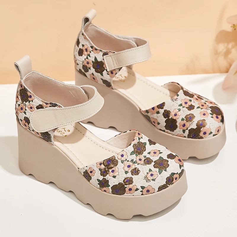 Women Sandals Genuine Leather New Summer Women Shoes hook & loop Retro Wedges Casual Print Platform Ladies Sandals