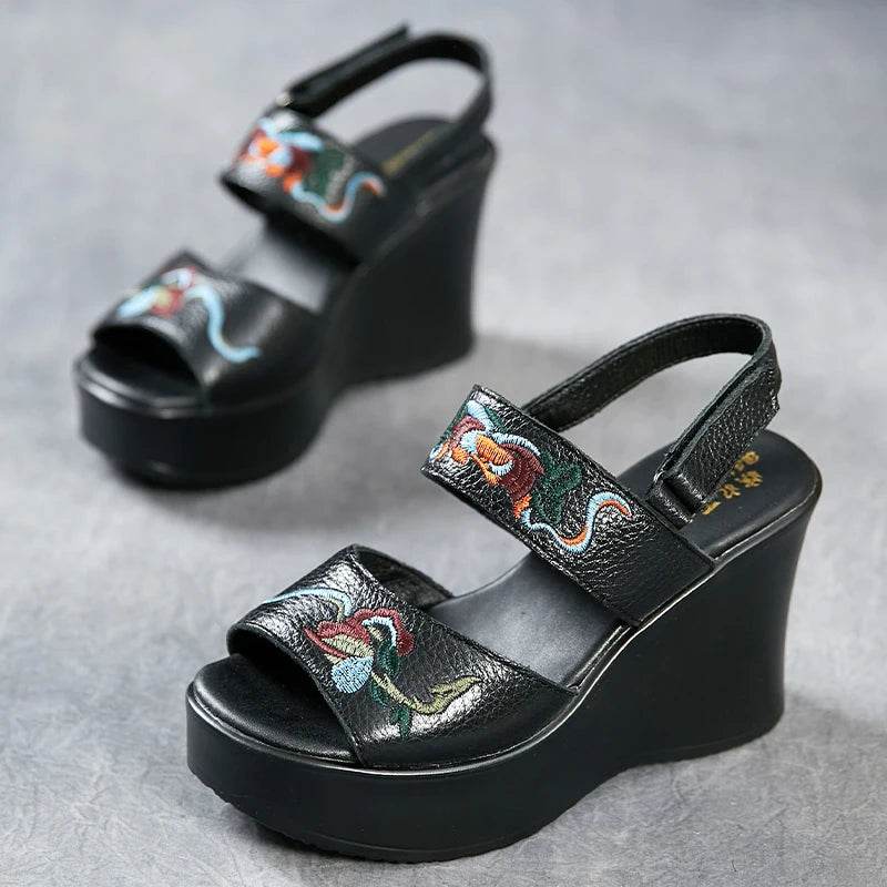 New Women Luxury Platform Wedge Sandals Cow Genuine Leather Summer Shoes Hollow Pumps Casual Breathable Leisure