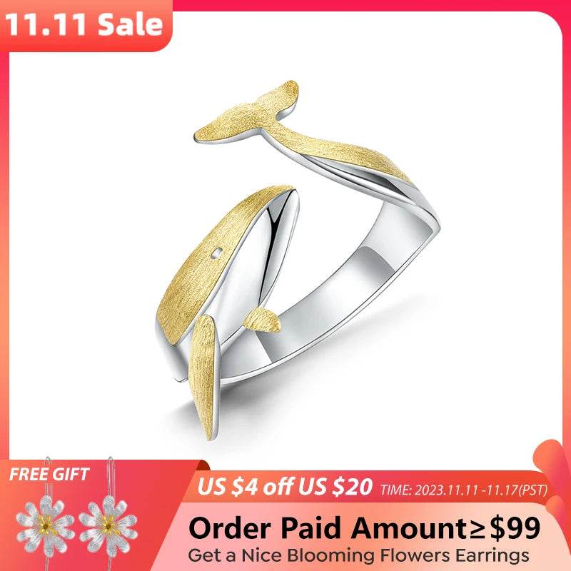 Lotus Fun 18K Gold Personality Whale Dating Adjustable Rings for Women Original 925 Sterling Silver Luxury Quality Fine Jewelry - Touchy Style