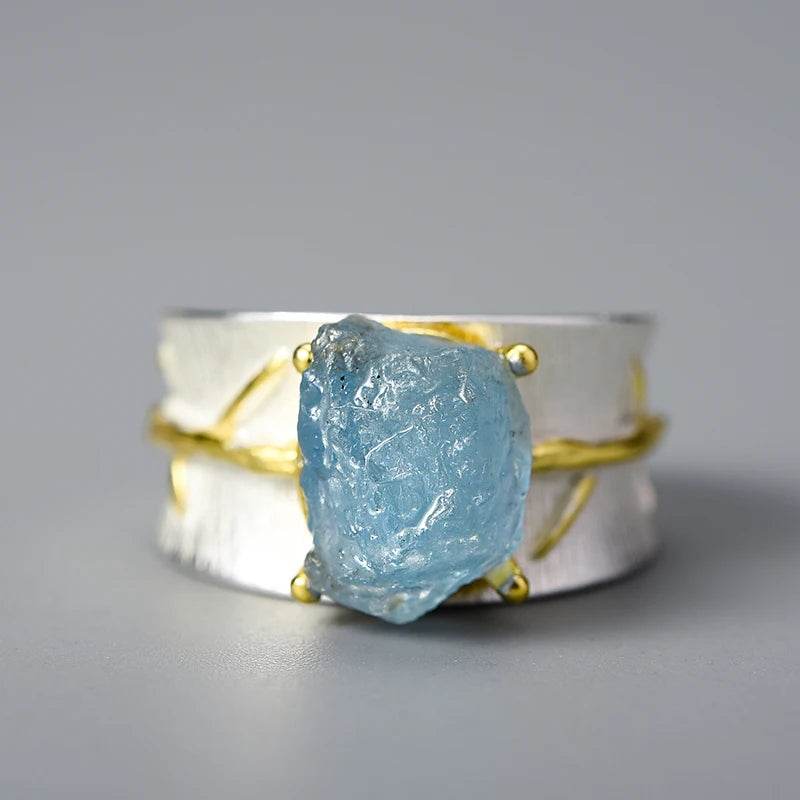 Lotus Fun Long Leaves Natural Aquamarine Gemstone Adjustable Rings for Women 925 Sterling Silver Original Luxury Fine Jewelry - Touchy Style