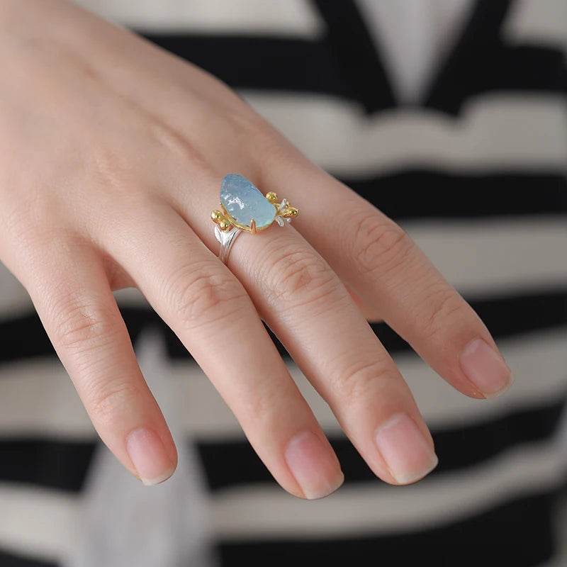 Lotus Fun 18K Gold Natural Aquamarine Gemstone Flower Adjustable Rings for Women Real 925 Sterling Silver Fine Luxury Jewelry - Touchy Style